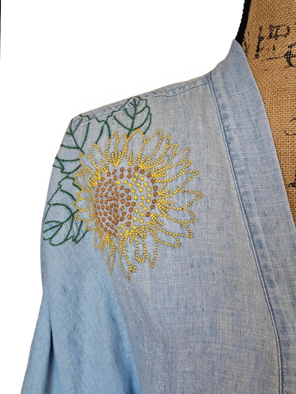 Billy T Sunflower Embroidered Chambray Open-Front Boho Kimono Jacket, Size XS - Picture 3 of 8